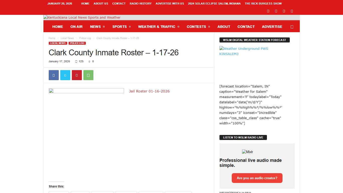 Clark County Inmate Roster – 1-17-26 | WSLM RADIO